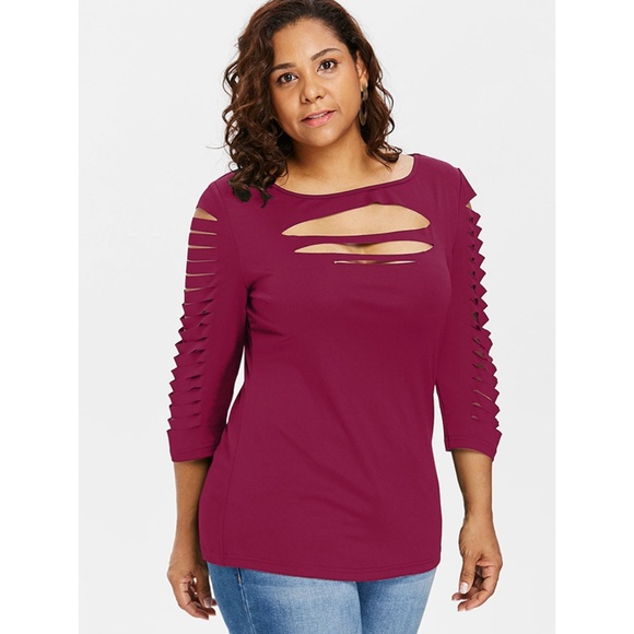 ☀ Rose Red Plus Size Long Sleeve Shredded Top ☀ - Picture 3 of 8